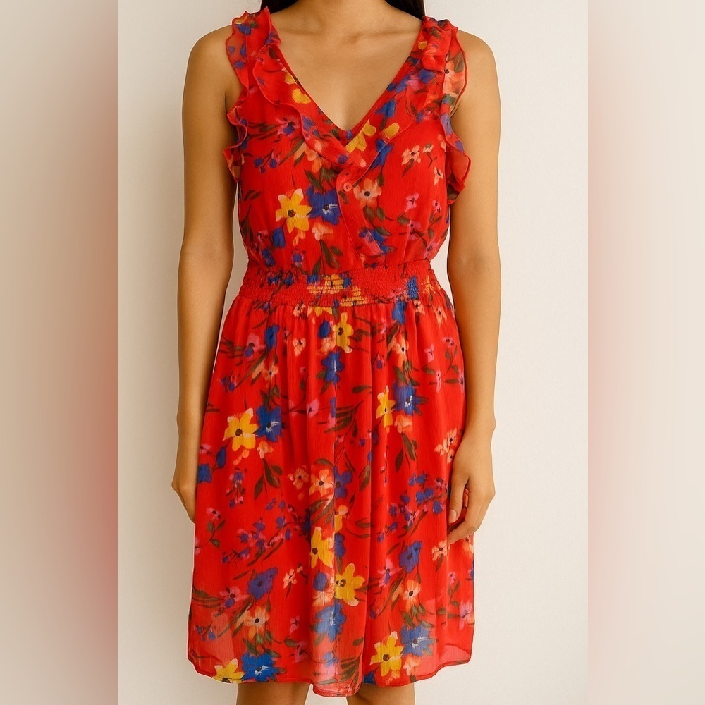 Old Navy Orange Floral Ruffle Sleeve Dress, Cinched Waist Dress, Size XS
